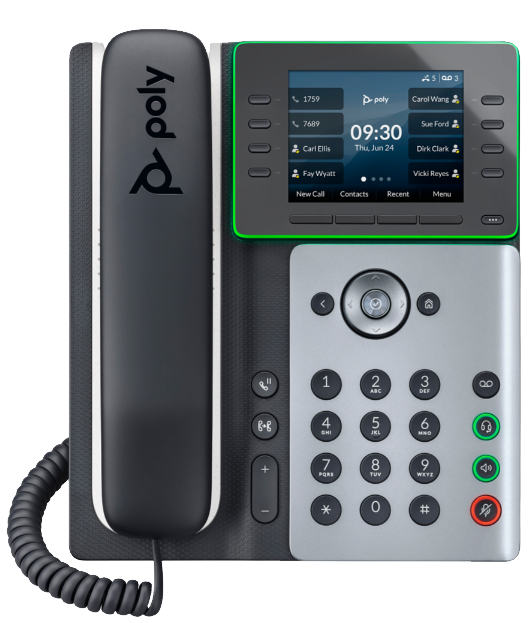 Poly 320 IP desk phone with monochrome display, basic function keys, and handset in the cradle