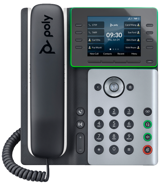 Poly 350 IP desk phone with backlit display, function buttons, and handset resting on the cradle.