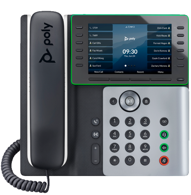 Poly 550 IP desk phone with color display, programmable line keys, and handset resting on the cradle